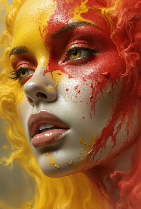 photorealistic, hyper detailed female face of smoke and red, yellow, and silver color. Added in a style reference, a composition reference, Hyper realistic, splash images, splattering, Fauvism, Geometric, Marble.