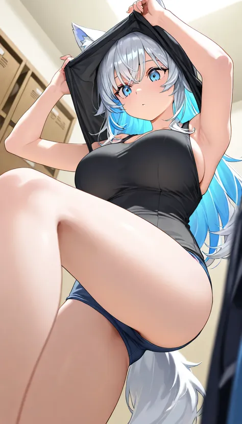 masterpiece,1girl, colored inner hair silver hair blue hair, Changing clothes, long hair, Big Breasts, wolf girl ,Peek into low angle, Changing room 