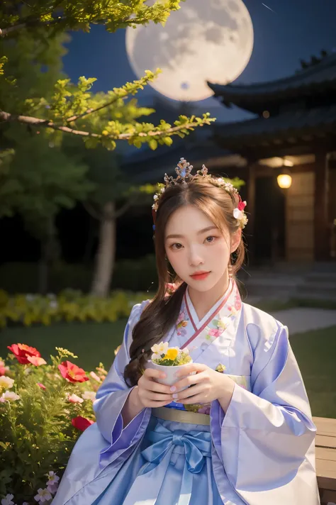 best quality, high_resolution, distinct_image, detailed background ,girl, hanbok,flower,garden,moon, night,dutch angle, wide shot, crown,