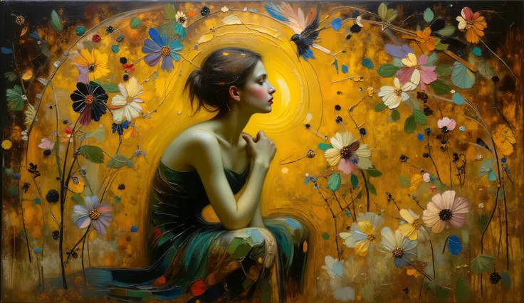 An oil painting in the style of Gustav Klimt depicting an introspective woman seated on the floor, arms wrapped around her knees, head raised, and eyes closed, enveloped by a mystical golden world behind her, emotions shown through intricate floral pattern...
