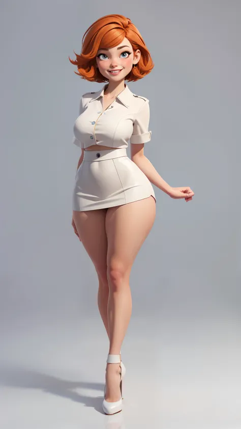 high detailed, masterpiece, 1girl, cartoon character in a mini skirt and high heel shoes, short hair, bob style hair, ginger hair. Perfect hands, big breast, wide hips, thick thighs, sensual smile, ultra realistic digital art, a 3D render, photorealism, cl...