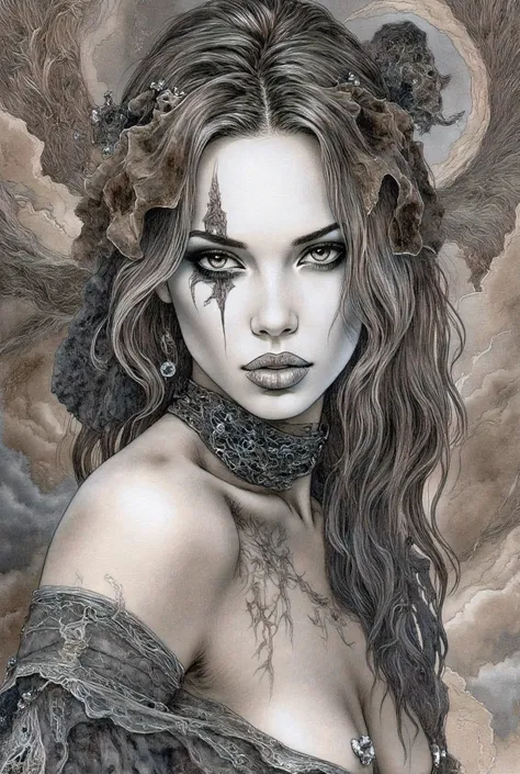 Develop a highly detailed graphite pencil close portrait of a beautiful woman, style as a Luis Royo, fantasy, gothic, sci-fi, thriving physique