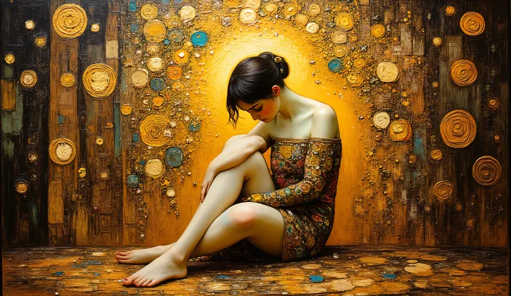 An oil painting in the style of Gustav Klimt depicting an introspective woman seated on the floor, arms wrapped around her knees, head raised, and eyes closed, enveloped by a mystical golden world behind her, emotions shown through intricate floral pattern...