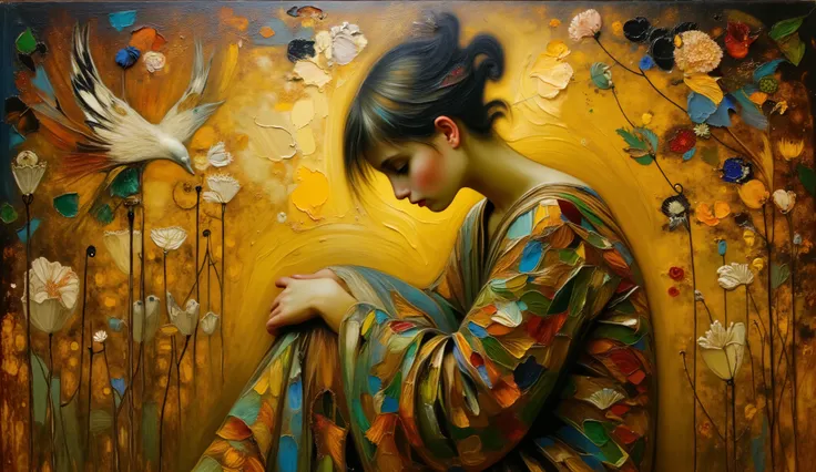 An oil painting in the style of Gustav Klimt depicting an introspective woman seated on the floor, arms wrapped around her knees, head raised, and eyes closed, enveloped by a mystical golden world behind her, emotions shown through intricate floral pattern...