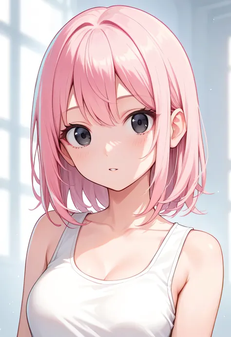 score_9, score_8_up, score_7_up,source_anime, high res image,masterpiece,best quality,girl,cute face,clear skin,white medium hair,pink highlight hair,black eyes,tanktop,bust up,