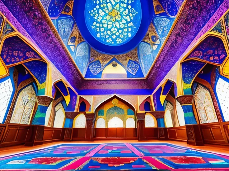 a close up of a room with many windows and a carpet, magical colours and atmosphere, magical colors and atmosphere, incredible light, stunning light reflections, very colorful heavenly, islamic architecture, mosque interior, stunning light, psychedelic arc...