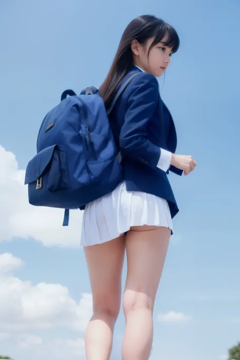 (((angle see from the feet))),Project from heel to butt, (( navy blue socks)), ((Grey Micro Pleated Mini Skirt)),((super high definition white panties)),((Blue sky background)),upskirt,Under skirt,Peeking,Voyeur, Panchira,Lower body of female middle school...