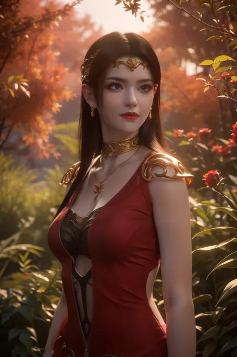 A 20 year old, cinematic look, breast :1.1, HDR : 1.2, ultra lightening, ultra detailed, high quality 8k resolution, background: in garden of red petal trees, dynamic pose, image from head to thighs.