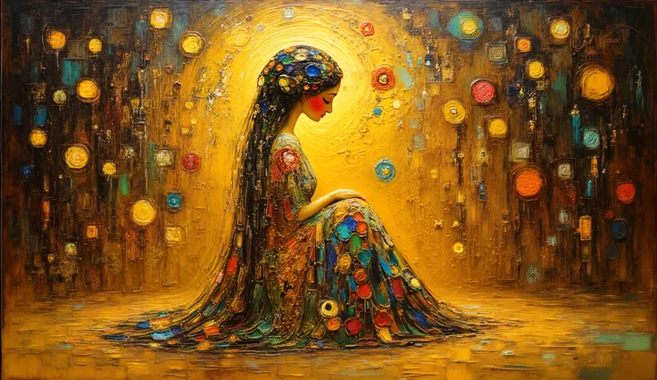 An oil painting in the style of Gustav Klimt depicting an introspective woman seated on the floor, arms wrapped around her knees, head raised, and eyes closed, enveloped by a mystical golden world behind her, emotions shown through intricate floral pattern...