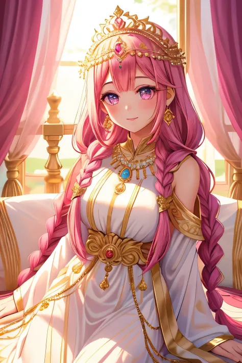 1 girl, goddess, soft smile, fuchsia eyes, narrowed eyes, fuchsia hair, long hair, two braids, gold tiara, gold earrings, gold necklace, gold accessories, white dress, greek style dress, field of flowers