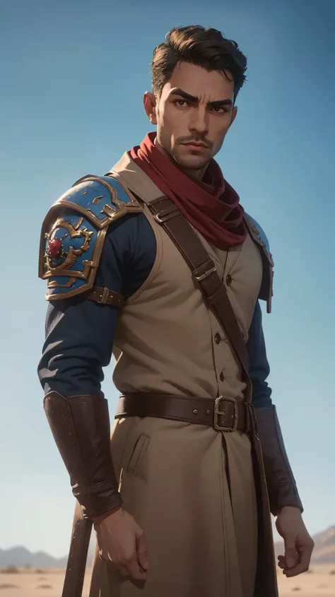 1guy, professional photo of pat32, (wearing dirty beige coburn great coat), red Shemagh scarf, armour shoulder pieces, leather bandolier, perfect brown eyes, upper body shot low lighting, moody, large depth of field, warhammer 40k, deep depth of field, hig...