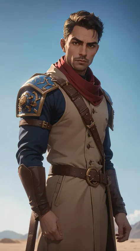 1guy, professional photo of pat32, (wearing dirty beige coburn great coat), red Shemagh scarf, armour shoulder pieces, leather bandolier, perfect brown eyes, upper body shot low lighting, moody, large depth of field, warhammer 40k, deep depth of field, hig...