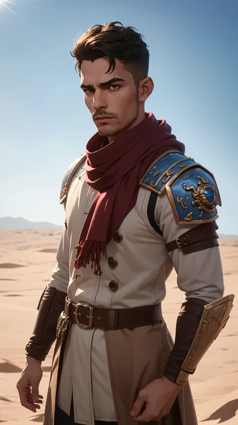 1guy, professional photo of pat32, (wearing dirty beige coburn great coat), red Shemagh scarf, armour shoulder pieces, leather bandolier, perfect brown eyes, upper body shot low lighting, moody, large depth of field, warhammer 40k, deep depth of field, hig...
