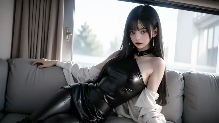 ((Girl lying on a sofa in a car ))、(( One Shoulder Black Leather Pant Suit ))、(( Black Leather Tight Miniskirt ))、((sitting cross-legged)) , high quality work 、Live-action film、Ultra Premium Graphics、8K HD CG works、 High Quality Graphics 、High-definition C...