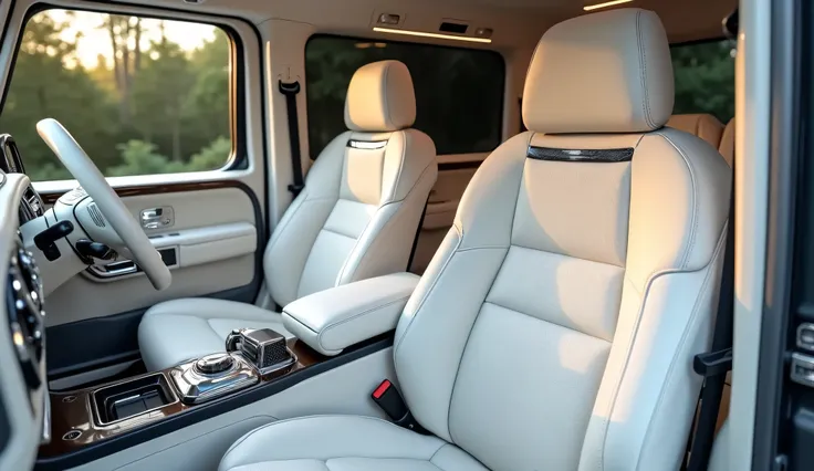 A interior back seats view photo of a modified (2025 Mercedes Benz G class) white interior view 4k