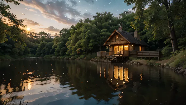 A serene countryside at the riverbank on a cool night, illuminated by the soft glow of a crackling bonfire. The flickering flames cast warm, golden light on the surrounding wooden cabin and rustic seating area. Gentle winds rustle through the tall trees, t...