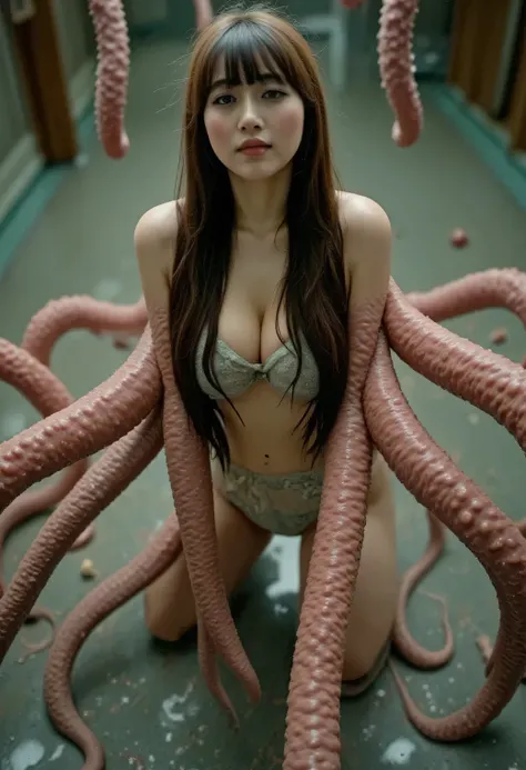 Highest quality、masterpiece、SF, surreal,  Beautiful Girl Attacked by Tentacles、 full body photo, (( on all fours)),  Woman Attacked by Tentacles, ( bikini swimsuit with a sense of life), big breasts, (( Layered Haircut )),（8k，Highest quality），  shooting fr...