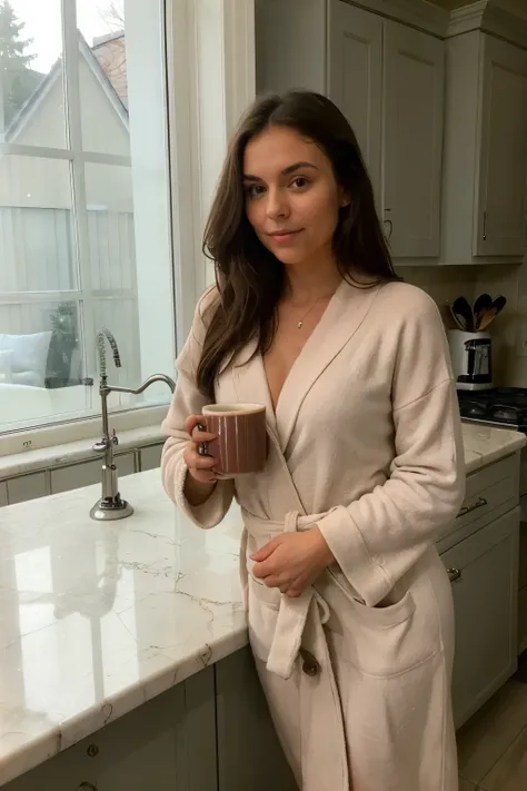 A young, well-groomed brunette woman poses in a stylish, modern kitchen, holding a small red mug filled with steaming coffee. She is wrapped in a warm beige bathrobe, adding to the cozy and relaxed morning atmosphere. Her expression is calm and content as ...