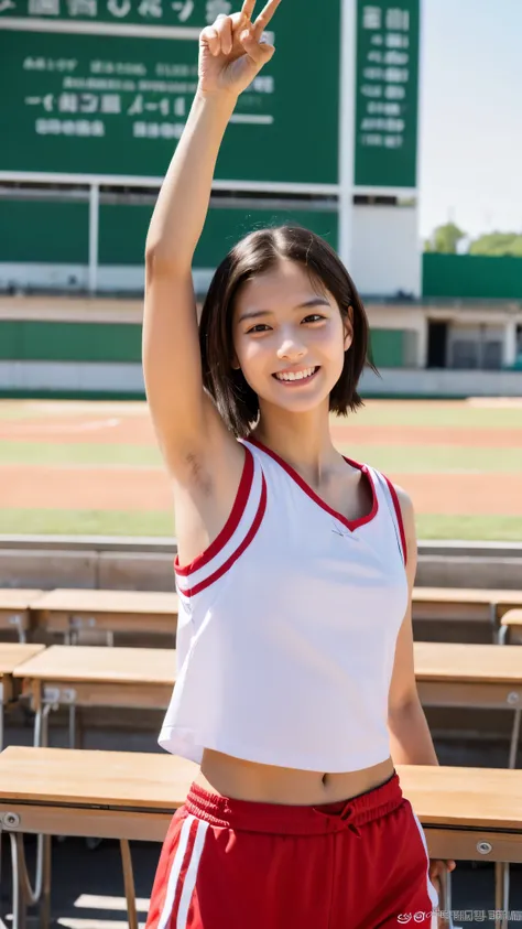 (  one girl:1.3),   short hair,  Raise your hand at the,    armpit hair:1.5,  has amazing faces and eyes    ,   looking at the camera  ,  joyful smiles、 is very thin in the classroom :1.5,  big round eyes:1.5、droopy eyes:1.5,   athletic stadium,   athletic...