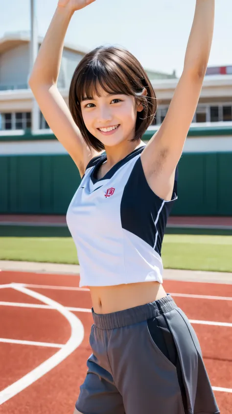 (  one girl:1.3),   short hair,  Raise your hand at the,    armpit hair:1.5,  has amazing faces and eyes    ,   looking at the camera  ,  joyful smiles、 is very thin in the classroom :1.5,  big round eyes:1.5、droopy eyes:1.5,   athletic stadium,   athletic...