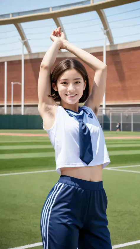 (  one girl:1.3),   short hair,  Raise your hand at the,    armpit hair:1.5,  has amazing faces and eyes    ,   looking at the camera  ,  joyful smiles、 is very thin in the classroom :1.5,  big round eyes:1.5、droopy eyes:1.5,   athletic stadium,   athletic...