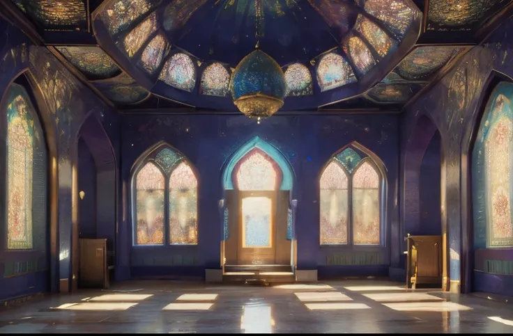 a close up of a room with many windows and a carpet, magical colours and atmosphere, magical colors and atmosphere, incredible light, stunning light reflections, very colorful heavenly, islamic architecture, mosque interior, stunning light, psychedelic arc...