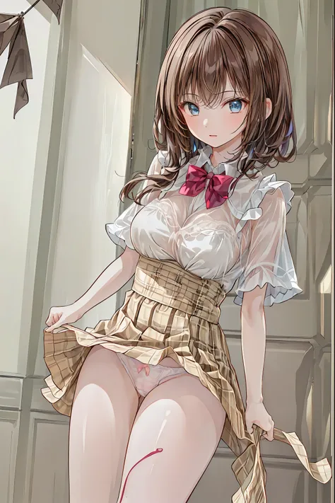 1 Female,dark brown hair,long wavy hair、20 year old female、governess、 I'm panting with an expression of joy 、Beautiful medium、white shirt, red dress,well styled,,(on your arm),(((('s skirt is being rolled up by the wind)))、(( can see her underpants))、 Ligh...