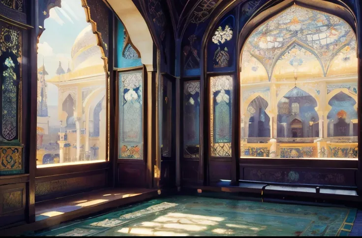 a close up of a room with many windows and a carpet, magical colours and atmosphere, magical colors and atmosphere, incredible light, stunning light reflections, very colorful heavenly, islamic architecture, mosque interior, stunning light, psychedelic arc...