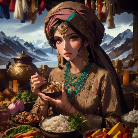 arafed woman in a colorful turban holding a bowl of food, traditional beauty, beautiful iranian woman, middle eastern skin, arabian beauty, beautiful oriental woman, beautiful himalayan woman, festival of rich colors, eastern art style, middle eastern, gor...