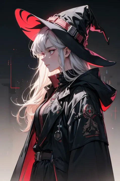 A detailed side-profile illustration of a futuristic witch, blending cyberpunk and fantasy themes. She wears an intricate, wide-brimmed wizard's hat embedded with complex mechanical parts, wires, sensors, lenses, and glowing indicators. Her attire is a hig...