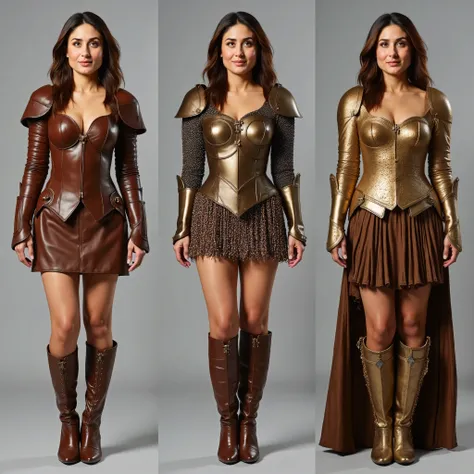 The same Kareena Kapoor woman stands exactly full-length in three different outfits, 1 type - robber leather armor, leather brown corset and leather miniskirt, brown heeled boots, shoulder pads, 2 type - bronze knight armor, bronze corset, бронзовые should...