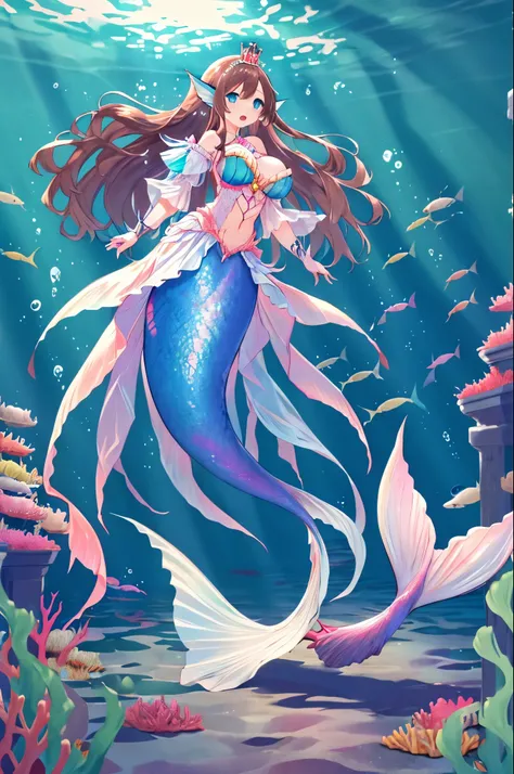 masterpiece, the best quality,
siren,  monster girl , 1 girl, alone,
 clear, Underwater, under the sea, Girl with long brown hair with turquoise tips, turquoise blue eyes, fish ears, coral crown, large breasts covered by two oyster shells, Blue long fin, L...