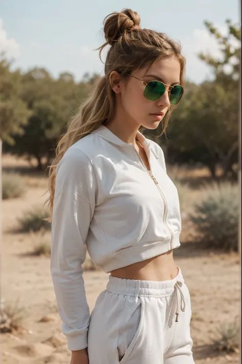 generate image of beautiful skinny women with long wavy hair thats blonde, model with green eyes and large lips, tan skin and fit skinny body, standing in dessert, wearing white tracksuit with sunglasses on and hair worn in bun, side camera angle view