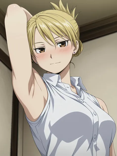 masterpiece, best quality, amazing quality, anime screencap, 1girl, solo, riza, brown eyes, blonde hair, folded ponytail, jewelry, earrings, white shirt, collared shirt, sleeveless shirt, open collar, sleeveless, bare shoulders, bare arms, arm behind head,...