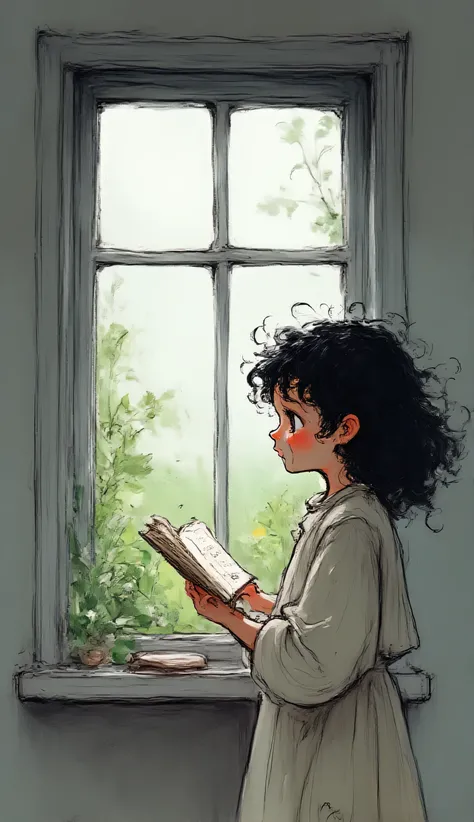 in front of the window overlooking the garden, With black curly hair, a young girl in plain clothes, she was crying looking at the book.