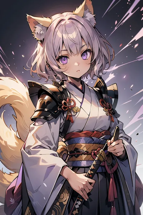 High quality, masterpiece, ultra-detailed, purple kitsune samurai, short hair brown curly, enchanting purple eyes and sclera black, cat ears and purple demon tail holding one katana, japanese style armor, magic background