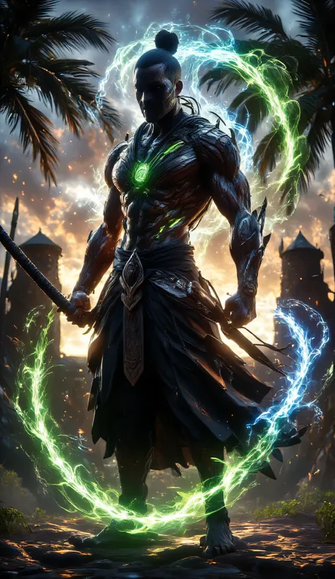 "A powerful Māori superhero warrior stands in a battle-ready stance, gripping a taiaha—a traditional wooden staff weapon with intricate carvings and a sharp spear tip. His face is adorned with a striking moko (traditional Māori tattoos), symbolizing his an...