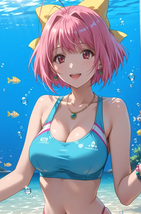 {nakagawa kanon}, {yellow only hair bow}, pink hair,  short hair, pink eye, earrings,  ear piercing, multicolor hair,  score_9,  score_8_up ,  score_7_up ,  source_anime, masterpiece,Highest quality, Big Breasts, realistic and detailed competitive swimsuit...