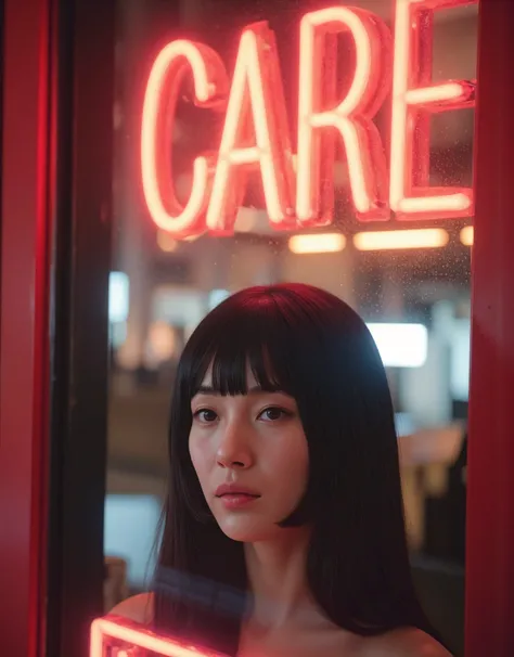 (((Full body view:1.8))), Cinematic photography of a tall skinny beautiful Korea sensual actress Bae Suzy posing naked behind the window storefront with cinematic red neon lighting, (((Bae Suzy realistic face:1.3))), (((very beautiful thin face, perfect de...