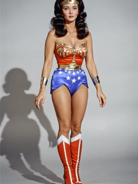 Lynda Carter as Aquanaut Wonder Woman, sexy photoshoot in a blank gray background, full body photo, standing very sexy seductive posing, showing off hot legs and boots, ((( with eyes opened, mouth open, glossy lips )))，with a desperate sexy expression