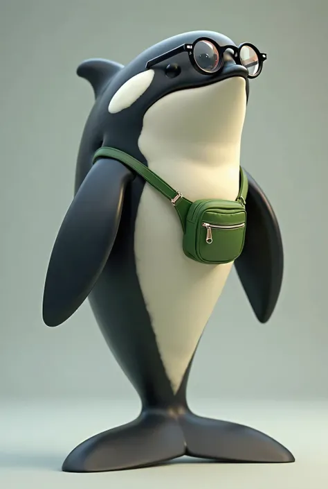 smiley realistic whale killer that stand up in tail without legs with glasses and a  cross green beltbag 