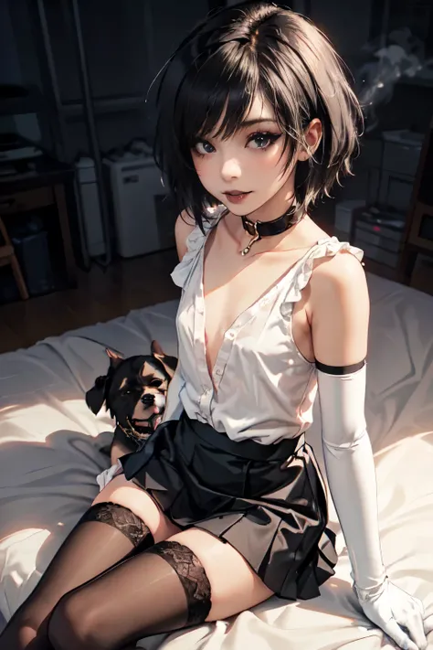 Girl, woman, emo_hairstyle, black lipstick, seductive smile, dog collar, eyeliner, eye shadow, smoky eyes, realistic lighting, short hair, shiny skin, flat chest, short skirt, open business shirt, sleeveless , thighhighs, elbow gloves.