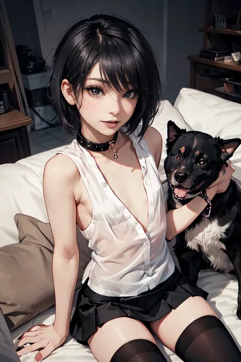 Girl, woman, emo_hairstyle, black lipstick, seductive smile, dog collar, eyeliner, eye shadow, smoky eyes, realistic lighting, short hair, shiny skin, flat chest, short skirt, fully open shirt, sleeveless, thighhighs.