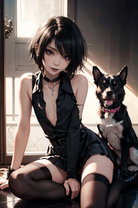 Girl, woman, emo_hairstyle, black lipstick, seductive smile, dog collar, eyeliner, eye shadow, smoky eyes, realistic lighting, short hair, shiny skin, flat chest, short skirt, fully open shirt, sleeveless, thighhighs.