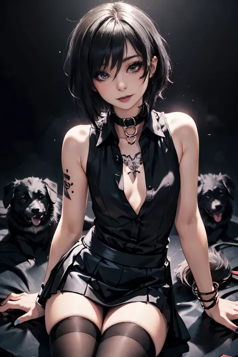 Girl, woman, emo_hairstyle, black lipstick, seductive smile, dog collar, eyeliner, eye shadow, smoky eyes, realistic lighting, breast tattoos, short hair, shiny skin, flat chest, short skirt, fully open shirt, sleeveless, thighhighs.