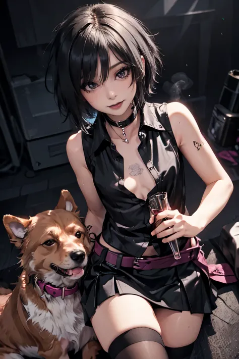 Girl, woman, emo_hairstyle, black lipstick, seductive smile, dog collar, eyeliner, eye shadow, smoky eyes, realistic lighting, tattoos, short hair, shiny skin, flat chest, short skirt, (sleeveless open shirt:1.5), thighhighs.