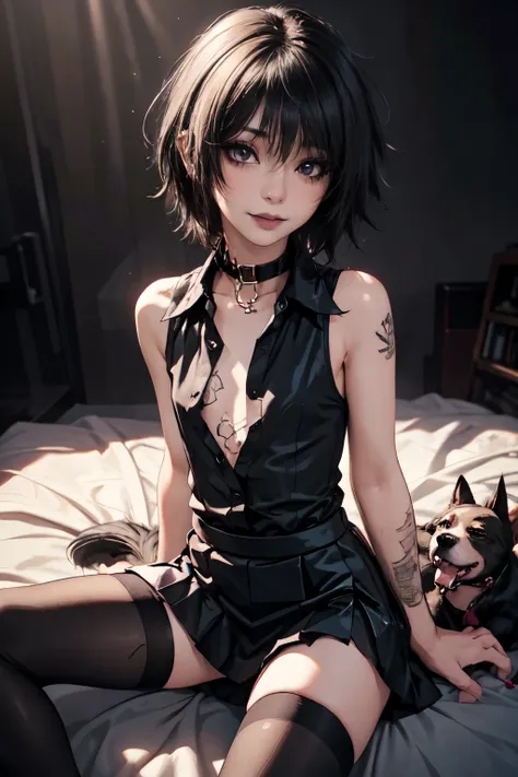 Girl, woman, emo_hairstyle, black lipstick, seductive smile, dog collar, eyeliner, eye shadow, smoky eyes, realistic lighting, tattoos, short hair, shiny skin, flat chest, short skirt, sleeveless open shirt:1.5), thighhighs.