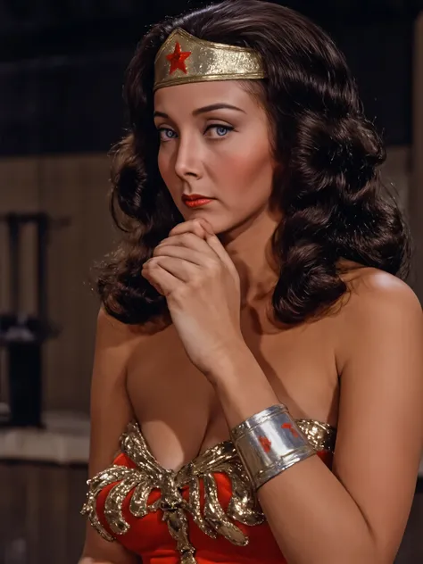 w0nd3r woman Lynda carter. Sitting in chair staring straight ahead.  