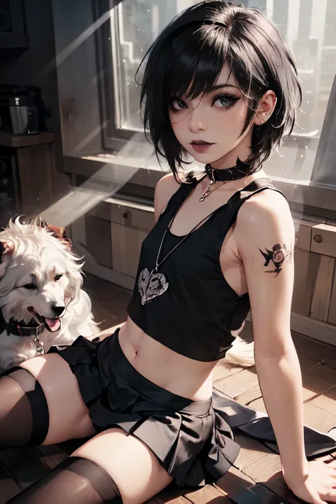 Girl, woman, emo_hairstyle, black lipstick, punk,  serious look, dog collar, eyeliner, eye shadow, smoky eyes, realistic lighting, tattoos, short hair, shiny skin, flat chest, short skirt, sleeveless, tank top, crop top, thighhighs.