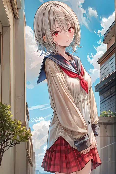 masterpiece,Highest quality,1 girl,Alone,outdoor,,viewers, serafuku,smile,ãã©ã¹ ,bangs,null,blue null,cloud,medium breasts, hair between eyes, white hair,red eyes, cross your arms around your back,Simple Clothes , long hair,